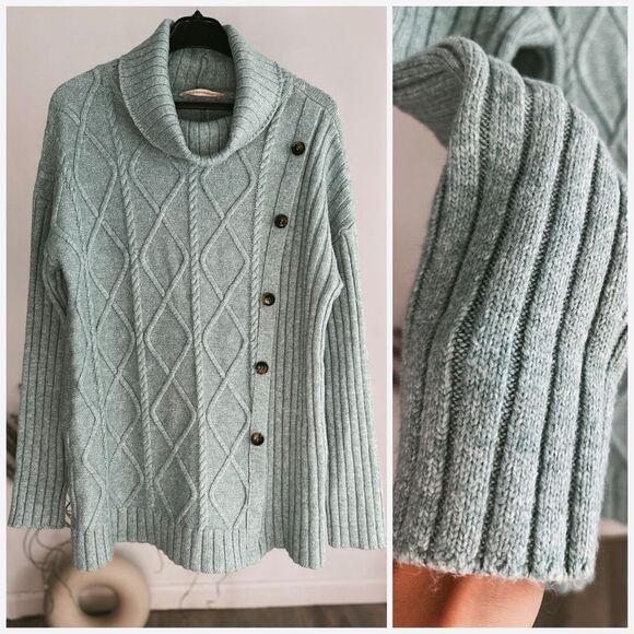 SOFT SURROUNDINGS AUDETTE CABLE KNIT SIDE BUTTON GREEN COWL NECK SWEATER LARGE - Picture 1 of 5
